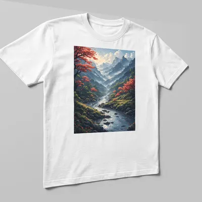 Realistic mountain landscape with cherry blossom trees and printed text above — printed on a unisex t-shirt (angled view)