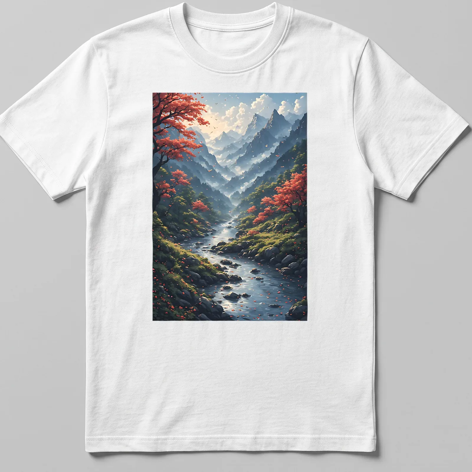 Realistic mountain landscape with cherry blossom trees and printed text above — printed on a unisex t-shirt