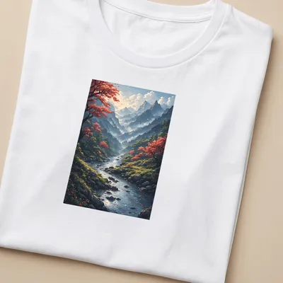 Realistic mountain landscape with cherry blossom trees and printed text above — printed on a women's shirt