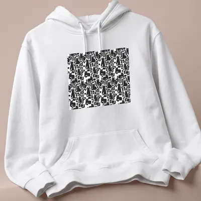 Stylish T-shirt featuring a chic black cat pattern in black and white. — printed on a unisex hoodie