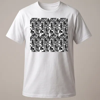 Stylish T-shirt featuring a chic black cat pattern in black and white.