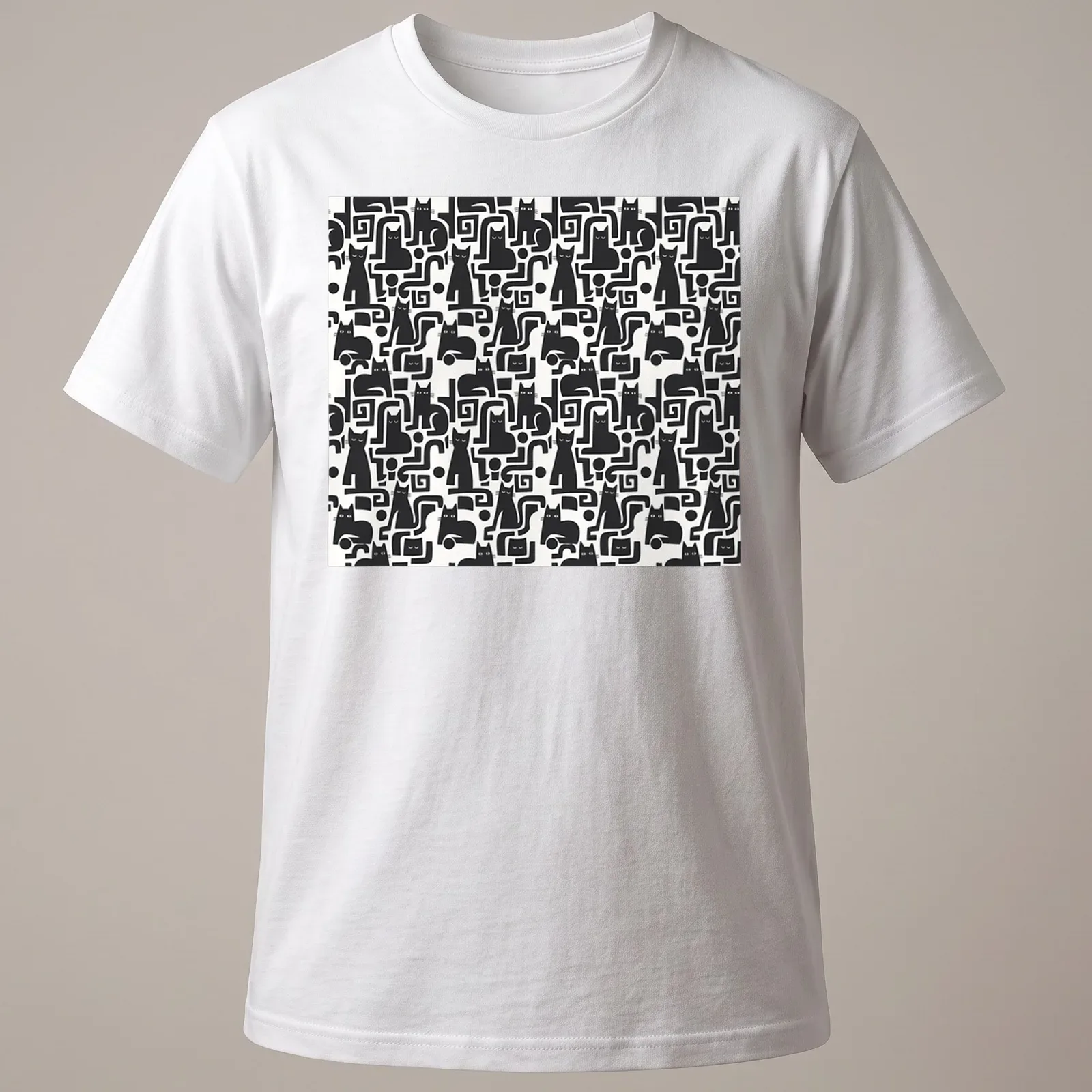 Stylish T-shirt featuring a chic black cat pattern in black and white. — printed on a unisex t-shirt