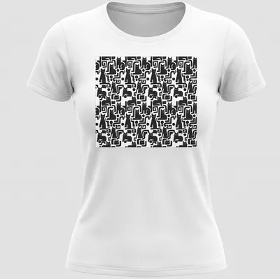 Stylish T-shirt featuring a chic black cat pattern in black and white. — printed on a women's shirt