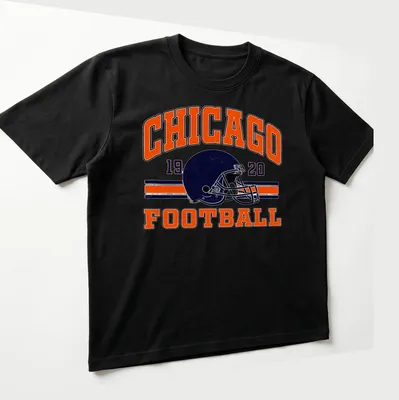 Vintage t-shirt featuring Chicago Football 1920 text and a football helmet — printed on a unisex t-shirt (angled view)