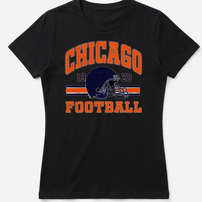 Vintage t-shirt featuring Chicago Football 1920 text and a football helmet — printed on a women's shirt