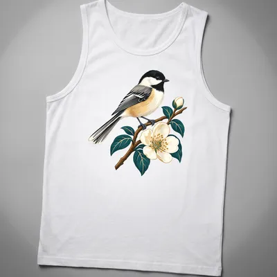 Detailed illustration of a Chickadee songbird on a branch with flowers — printed on a tank top