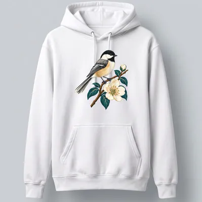 Detailed illustration of a Chickadee songbird on a branch with flowers — printed on a unisex hoodie