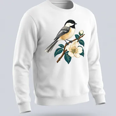 Detailed illustration of a Chickadee songbird on a branch with flowers — printed on a unisex sweatshirt