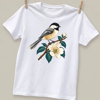 Detailed illustration of a Chickadee songbird on a branch with flowers — printed on a unisex t-shirt