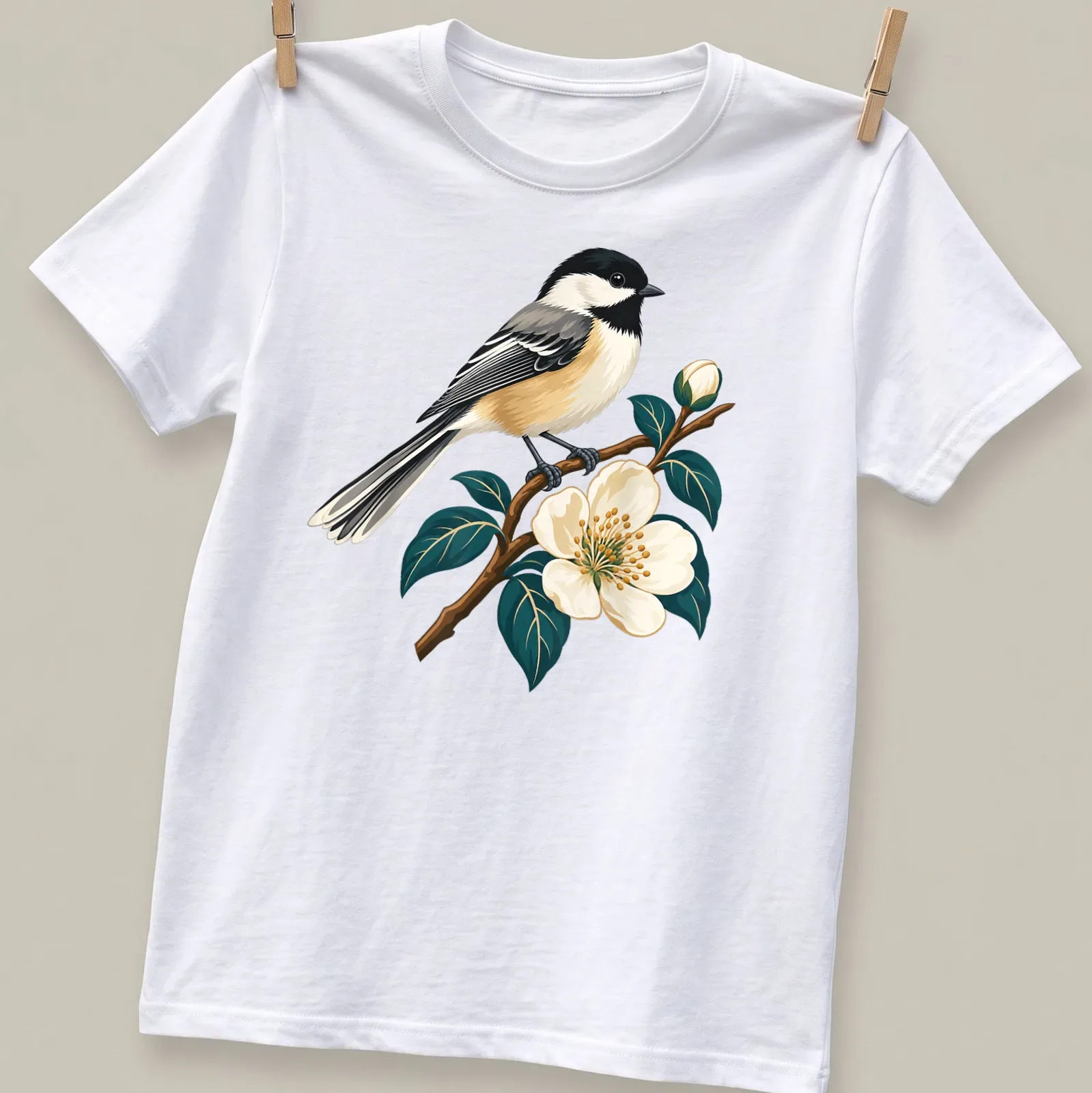 Detailed illustration of a Chickadee songbird on a branch with flowers — printed on a unisex t-shirt