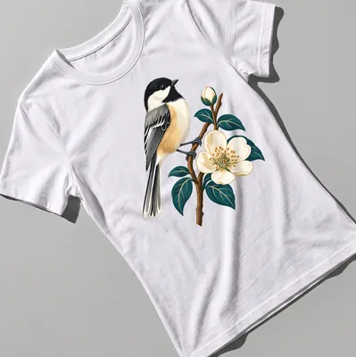 Detailed illustration of a Chickadee songbird on a branch with flowers — printed on a women's shirt