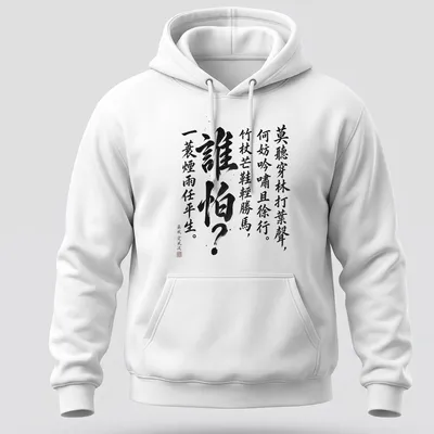 Chinese calligraphy design with elegant ink wash script on a white — printed on a unisex hoodie