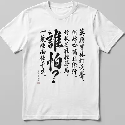 Chinese calligraphy design with elegant ink wash script on a white shirt