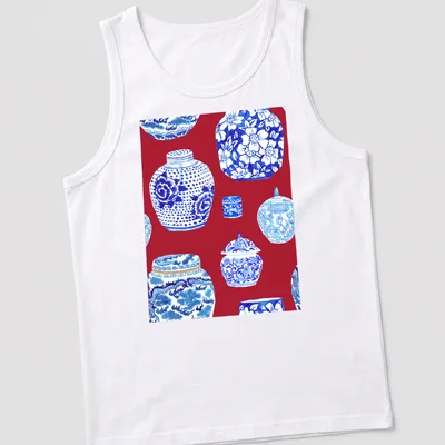 Watercolor print of ginger jars in scarlet red, blue, and white on a — printed on a tank top
