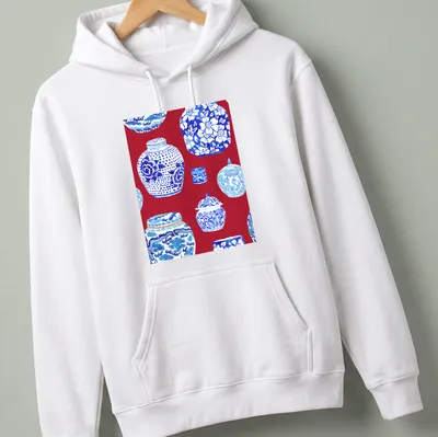 Watercolor print of ginger jars in scarlet red, blue, and white on a — printed on a unisex hoodie