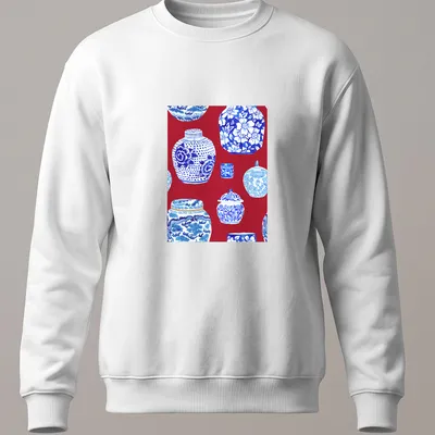 Watercolor print of ginger jars in scarlet red, blue, and white on a — printed on a unisex sweatshirt