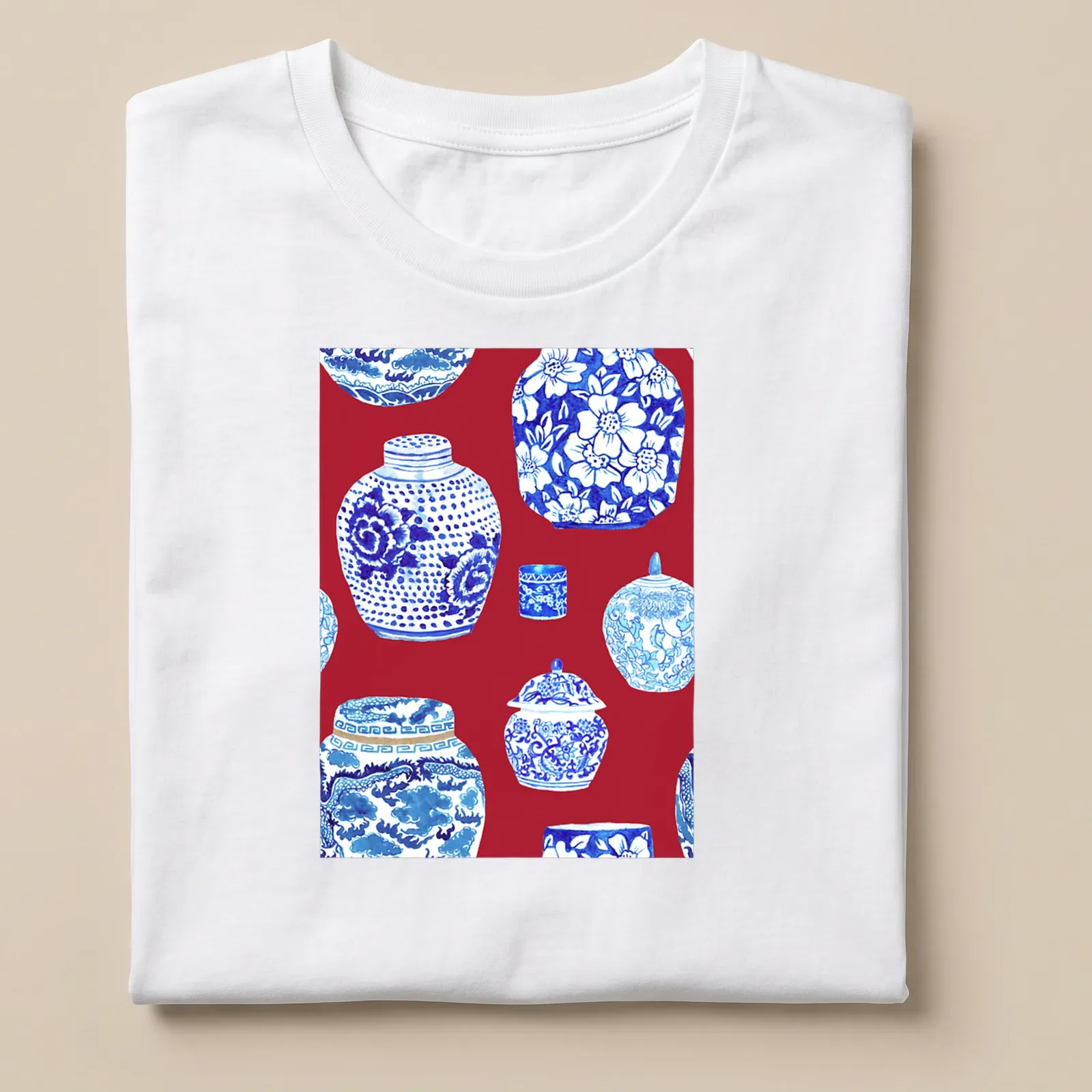 Watercolor print of ginger jars in scarlet red, blue, and white on a — printed on a unisex t-shirt