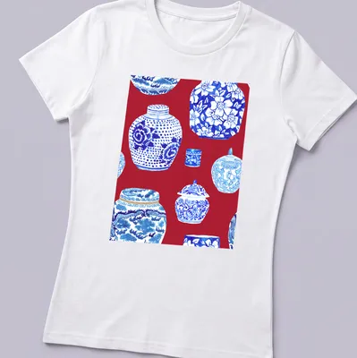 Watercolor print of ginger jars in scarlet red, blue, and white on a — printed on a women's shirt
