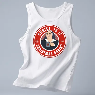 Cartoon shirt featuring Sister Michael with humorous Christmas text — printed on a tank top