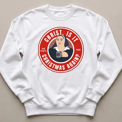 Cartoon shirt featuring Sister Michael with humorous Christmas text — printed on a unisex sweatshirt