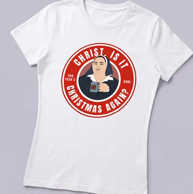 Cartoon shirt featuring Sister Michael with humorous Christmas text — printed on a women's shirt