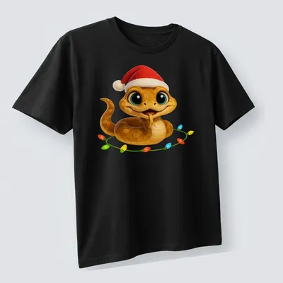Cute cartoon Christmas Carpet Viper snake wearing a Santa hat — printed on a unisex t-shirt (angled view)