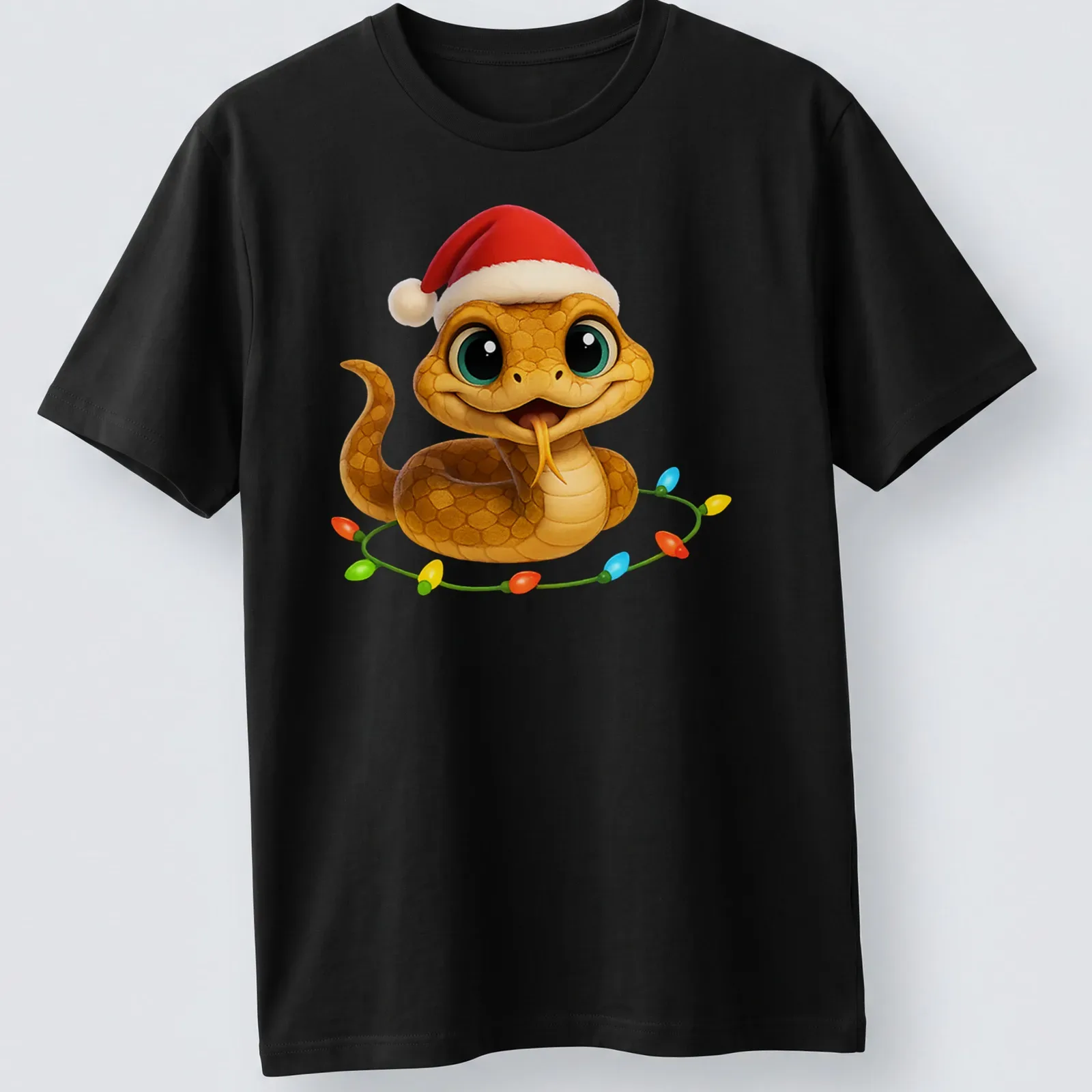 Cute cartoon Christmas Carpet Viper snake wearing a Santa hat — printed on a unisex t-shirt