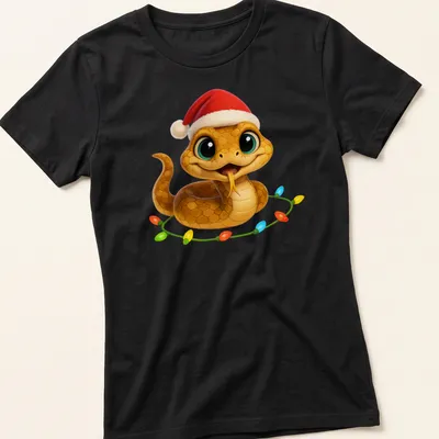 Cute cartoon Christmas Carpet Viper snake wearing a Santa hat — printed on a women's shirt