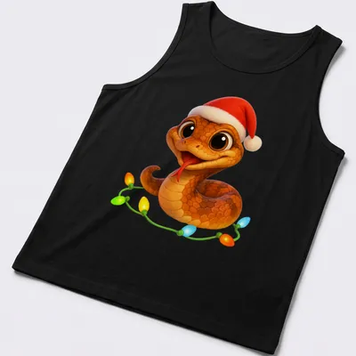 Kawaii cartoon Copperhead Viper wearing a Santa hat with Christmas text above — printed on a tank top