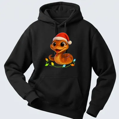 Kawaii cartoon Copperhead Viper wearing a Santa hat with Christmas text above — printed on a unisex hoodie