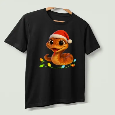 Kawaii cartoon Copperhead Viper wearing a Santa hat with Christmas text above — printed on a unisex t-shirt (angled view)