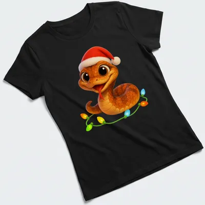 Kawaii cartoon Copperhead Viper wearing a Santa hat with Christmas text above — printed on a women's shirt