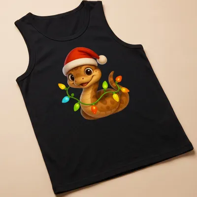 Cartoon Eastern Indigo Snake wearing a Santa hat in bright colors — printed on a tank top