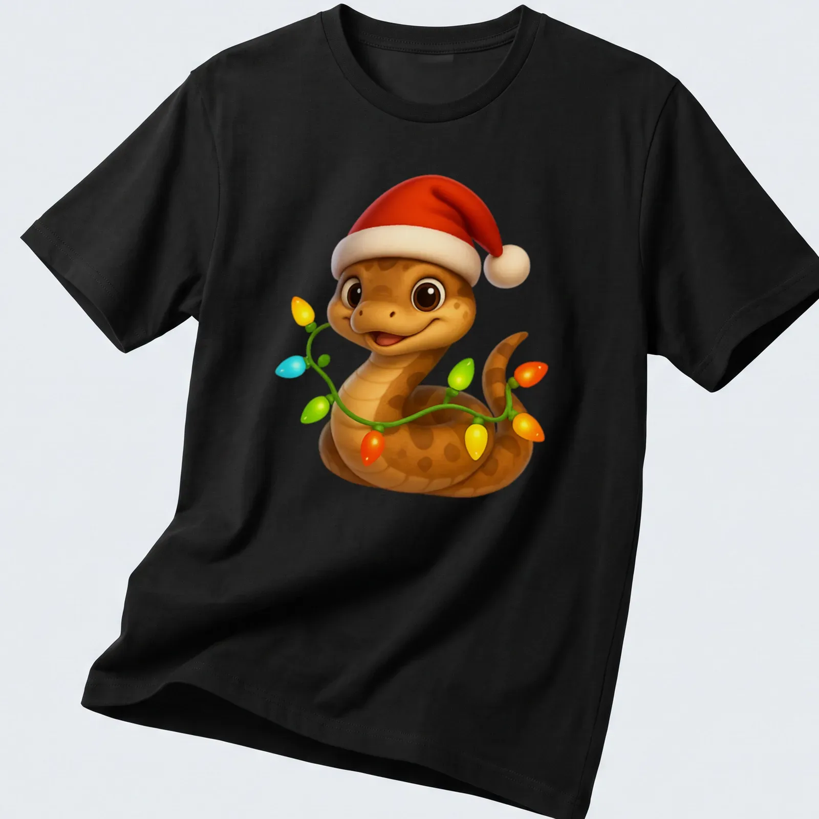 Cartoon Eastern Indigo Snake wearing a Santa hat in bright colors — printed on a unisex t-shirt
