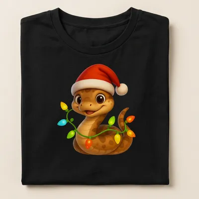 Cartoon Eastern Indigo Snake wearing a Santa hat in bright colors — printed on a women's shirt