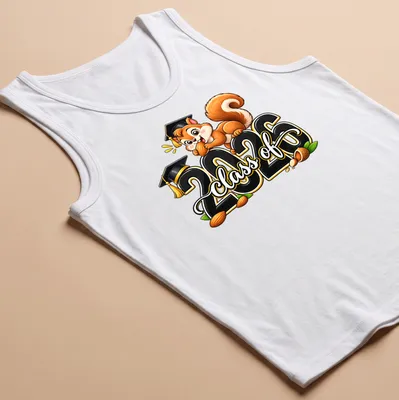 Cartoon squirrel holding acorn with Class Of 2026 text, in bright colors — printed on a tank top