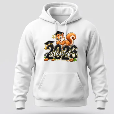 Cartoon squirrel holding acorn with Class Of 2026 text, in bright colors — printed on a unisex hoodie