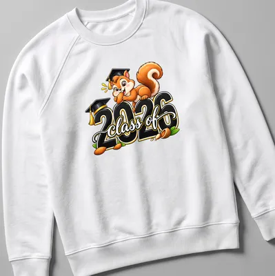 Cartoon squirrel holding acorn with Class Of 2026 text, in bright colors — printed on a unisex sweatshirt