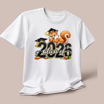 Cartoon squirrel holding acorn with Class Of 2026 text, in bright colors — printed on a unisex t-shirt (angled view)