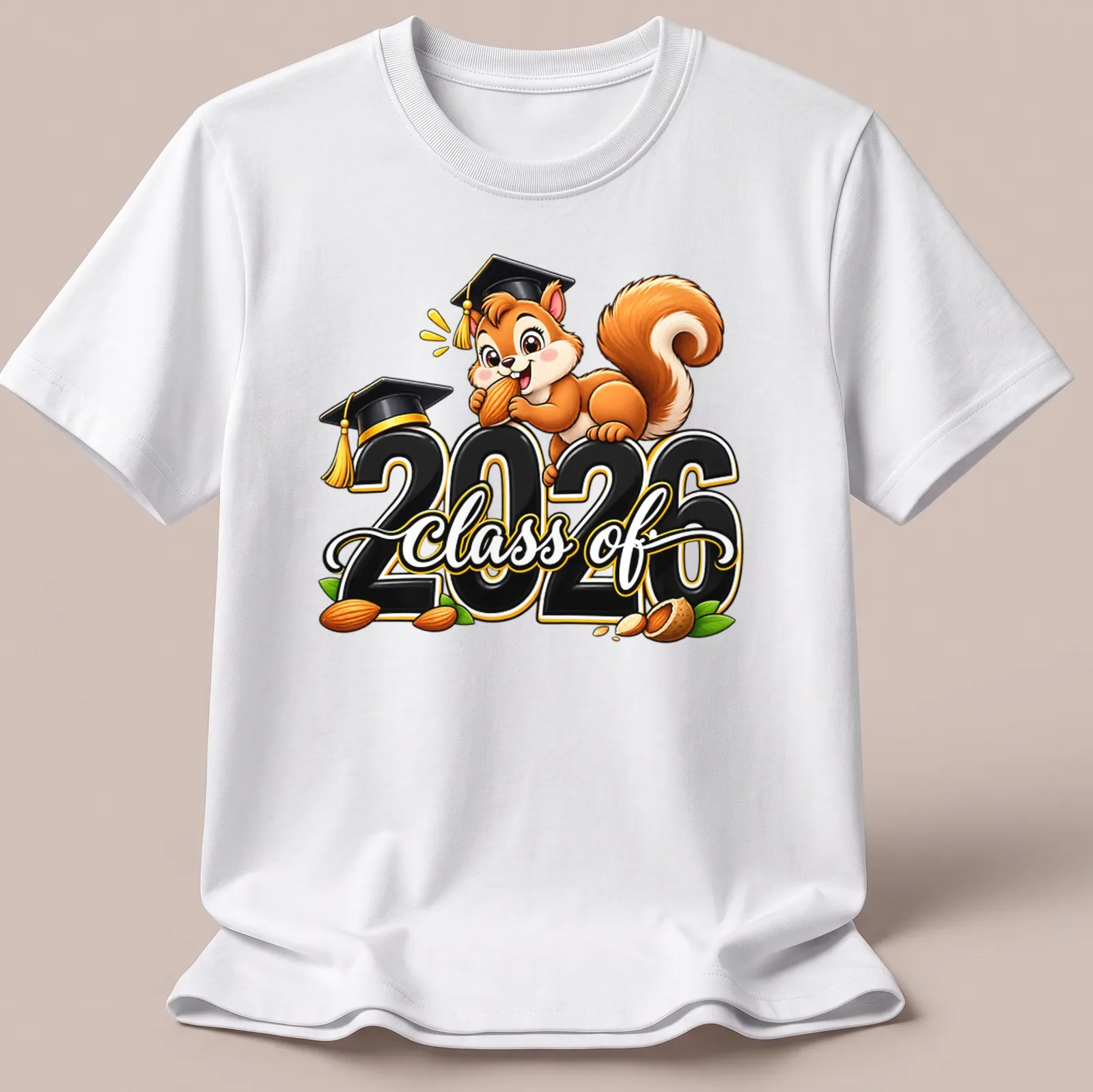 Cartoon squirrel holding acorn with Class Of 2026 text, in bright colors — printed on a unisex t-shirt