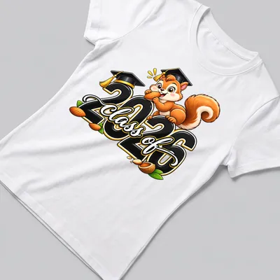 Cartoon squirrel holding acorn with Class Of 2026 text, in bright colors — printed on a women's shirt