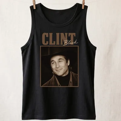 Vintage sepia portrait of a cowboy with black hat and bold text — printed on a tank top