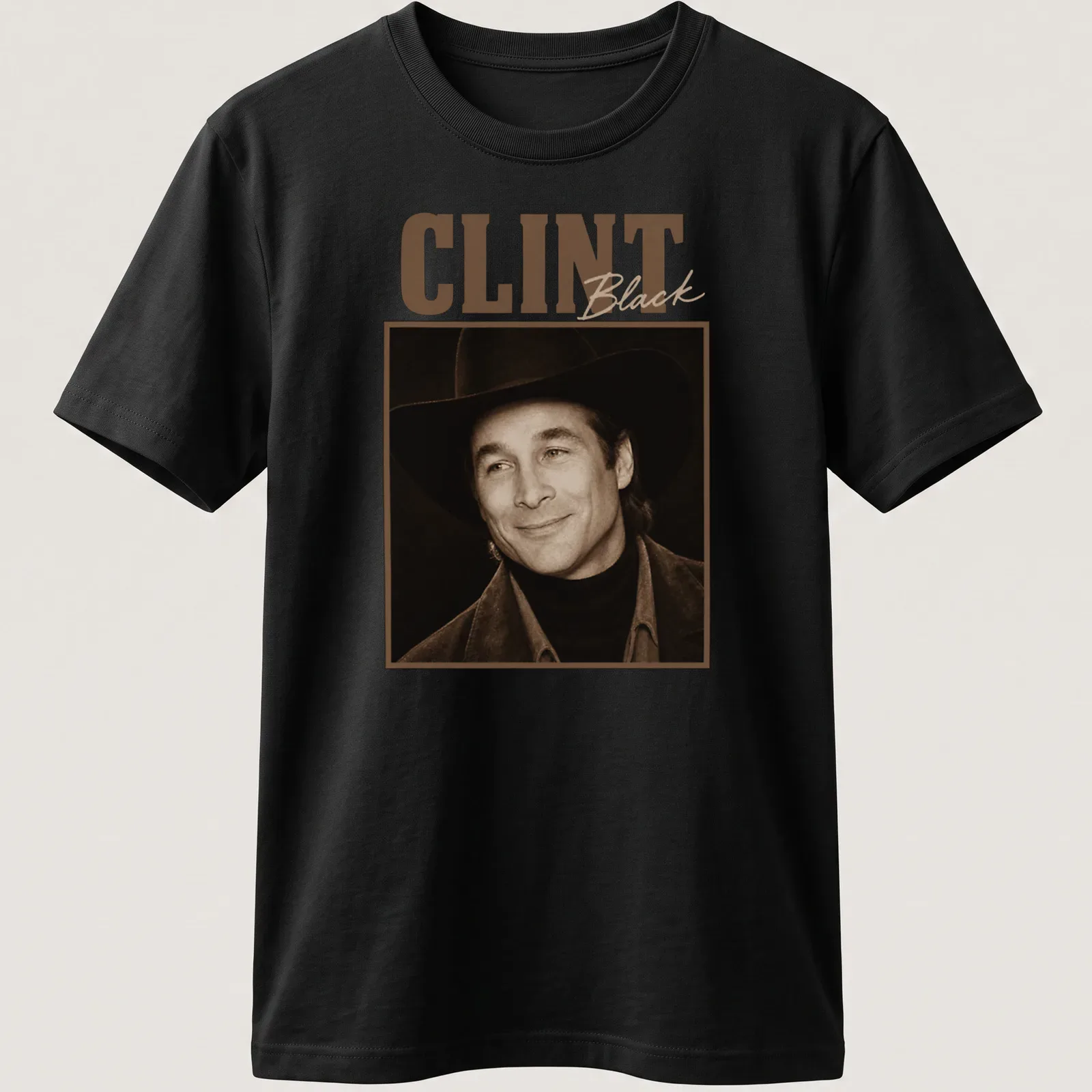 Vintage sepia portrait of a cowboy with black hat and bold text — printed on a unisex t-shirt