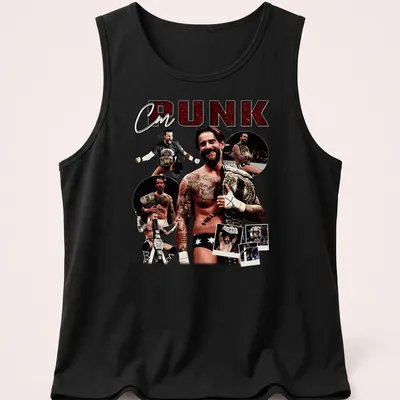 Vintage CM Punk t-shirt with bold lettering in black and gold — printed on a tank top