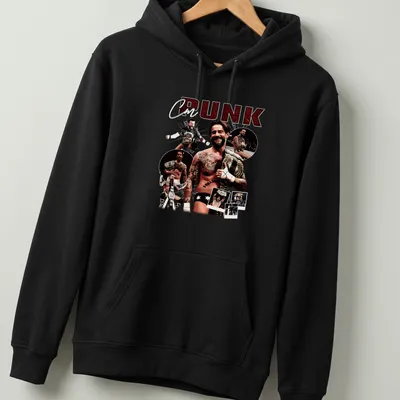 Vintage CM Punk t-shirt with bold lettering in black and gold — printed on a unisex hoodie