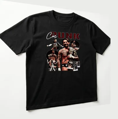 Vintage CM Punk t-shirt with bold lettering in black and gold — printed on a unisex t-shirt (angled view)