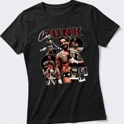 Vintage CM Punk t-shirt with bold lettering in black and gold — printed on a women's shirt