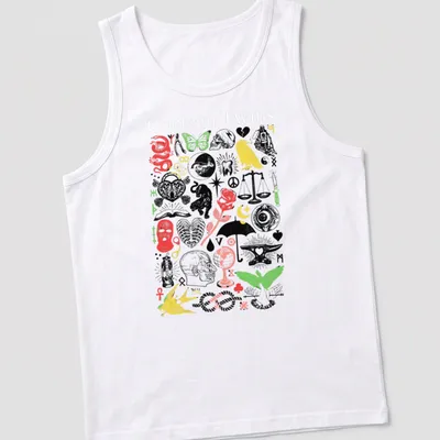 Vintage collage of Cocteau Twins text with skulls and butterflies in vibrant colors — printed on a tank top