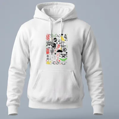 Vintage collage of Cocteau Twins text with skulls and butterflies in vibrant colors — printed on a unisex hoodie