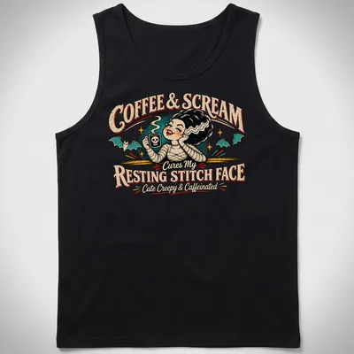 Vintage retro t-shirt featuring a cute character with coffee and skull mug — printed on a tank top